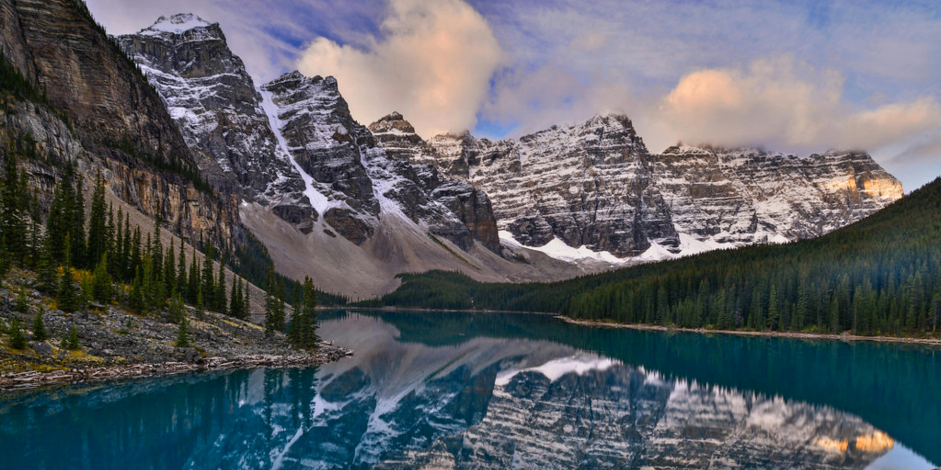 Moraine Lake with Alberta Rocky Mountain reflection